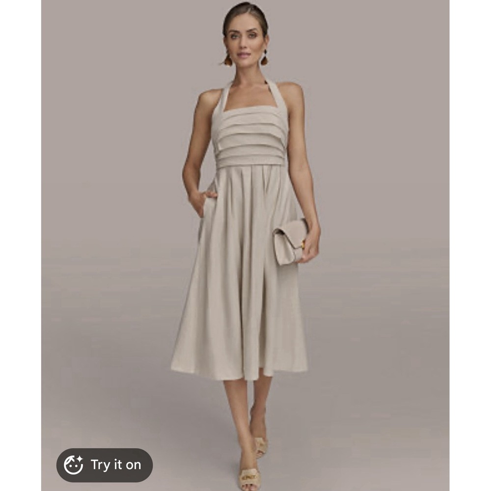 NWT Donna Karan Halter Linen Blend Pleated Bodice Midi Dress Natural Color 4